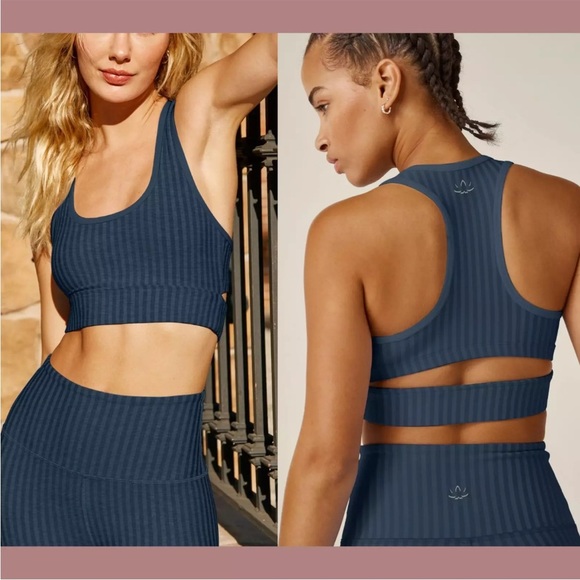 Beyond Yoga Striped Jacquard Work It Over Long Line Bra Navy Blue Sz XL NEW